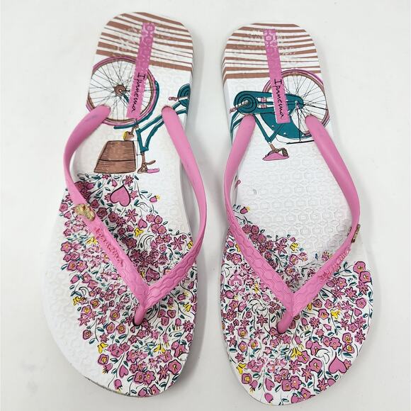 Ipanema Flip Flops Women 9 Bicycle Flower Print Sandals Pink White Bike Logo - Picture 5 of 10